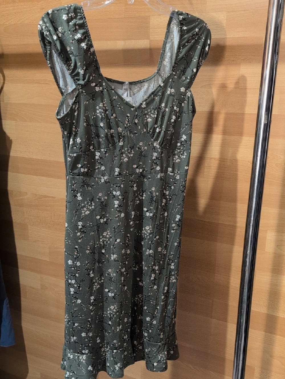Olive Floral Square-Neck Midi Dress